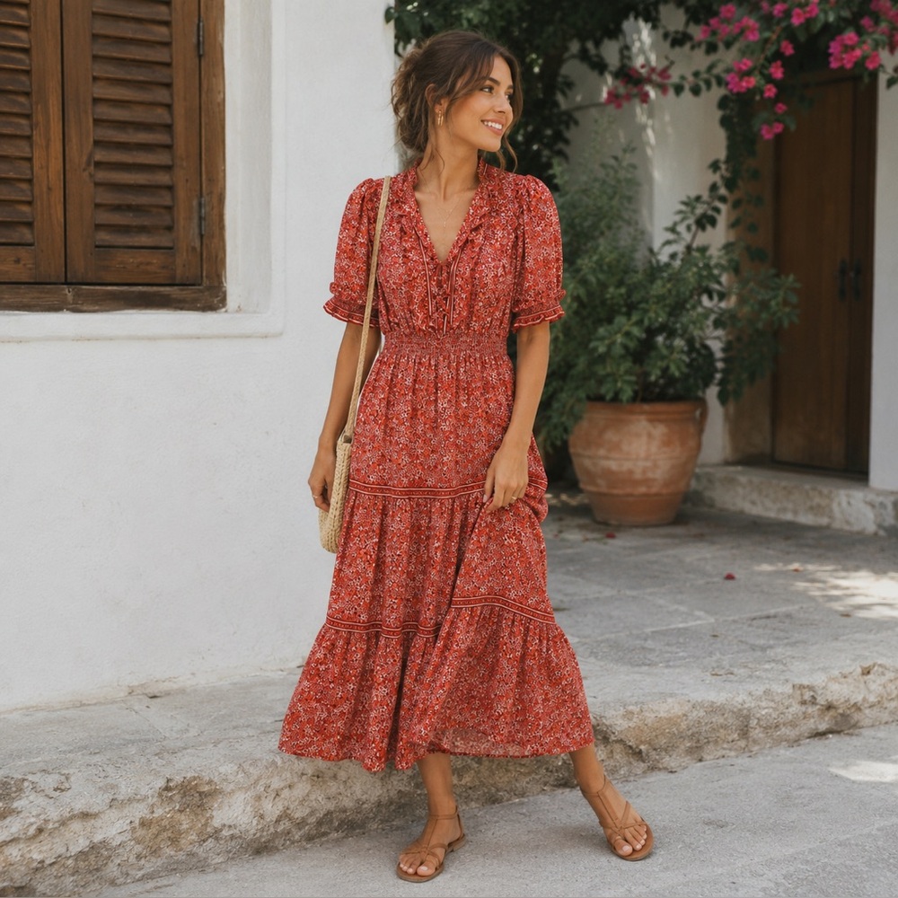 Max Studio Red Floral Boho Maxi Dress Size Medium